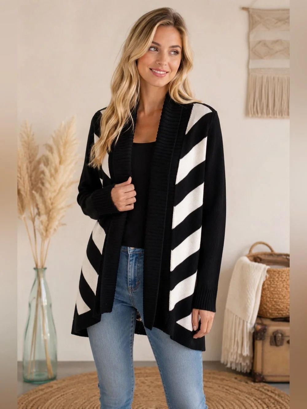 Pure Handknit Open-Front Black & White Diagonal Stripe Cardigan Sweater